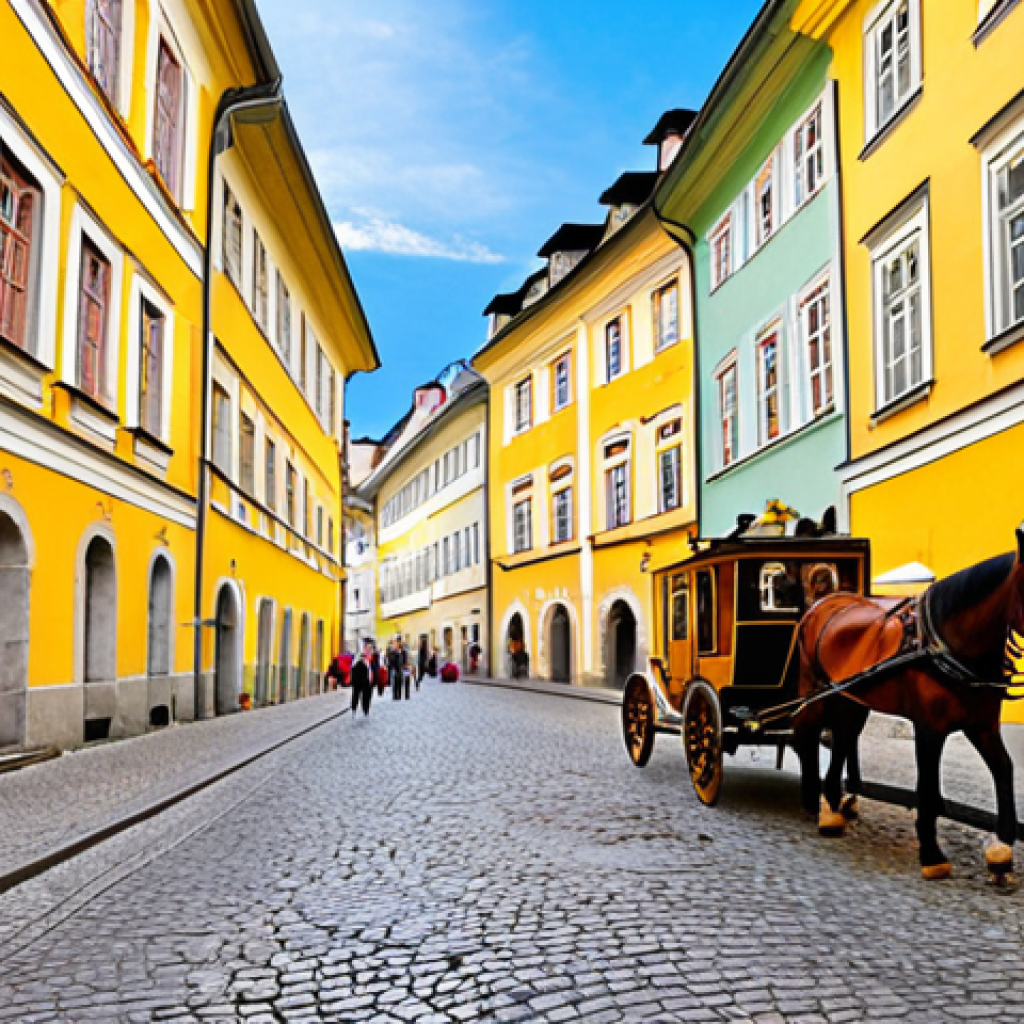 **

Judengasse street scene, Salzburg. Bright yellow facade of Mozart's birthplace (Mozart's Geburtshaus) stands out. Cobblestone street, horse-drawn carriages, bustling merchants. Focus on the vibrant atmosphere and historical setting. Golden light.

**
