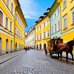 **

Judengasse street scene, Salzburg. Bright yellow facade of Mozart's birthplace (Mozart's Geburtshaus) stands out. Cobblestone street, horse-drawn carriages, bustling merchants. Focus on the vibrant atmosphere and historical setting. Golden light.

**