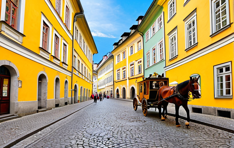 **
Judengasse street scene, Salzburg. Bright yellow facade of Mozart's birthplace (Mozart's Geburtshaus) stands out. Cobblestone street, horse-drawn carriages, bustling merchants. Focus on the vibrant atmosphere and historical setting. Golden light.
**