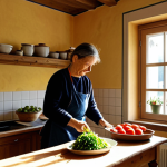 **

"A cozy apartment interior in a charming village near Salzburg, Austria. Sunlight streams through the window, illuminating a simple kitchen with fresh produce from a local market. A fully clothed traveler is preparing a traditional Austrian dish. Safe for work, appropriate content, fully clothed, modest, family-friendly, perfect anatomy, natural proportions, high quality."

**