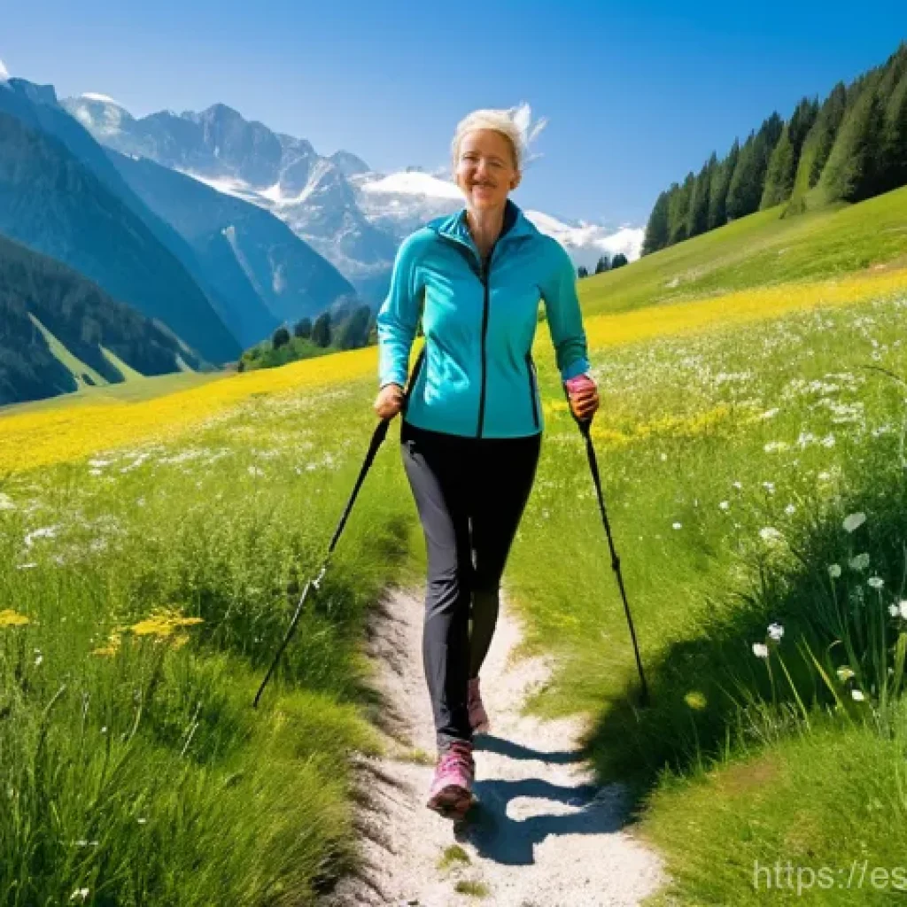 오스트리아에서 노르딕 워킹 - **Prompt:** A dynamic, full-body shot of a female Nordic walker in her late 20s to early 30s, perfor...