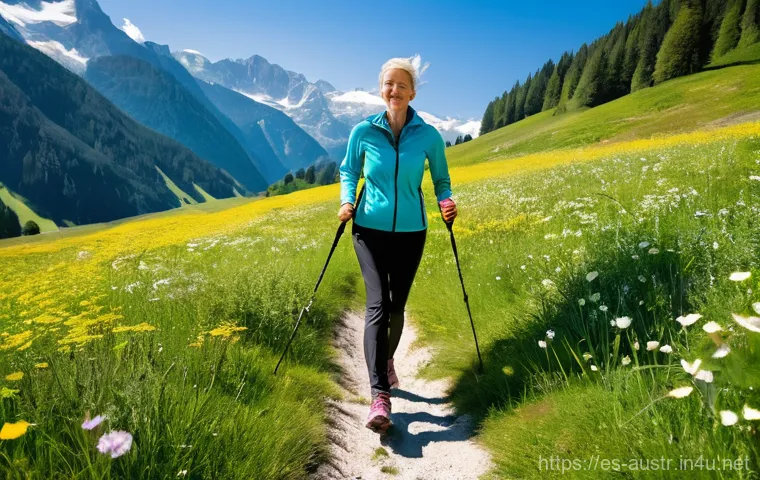 오스트리아에서 노르딕 워킹 - **Prompt:** A dynamic, full-body shot of a female Nordic walker in her late 20s to early 30s, perfor...