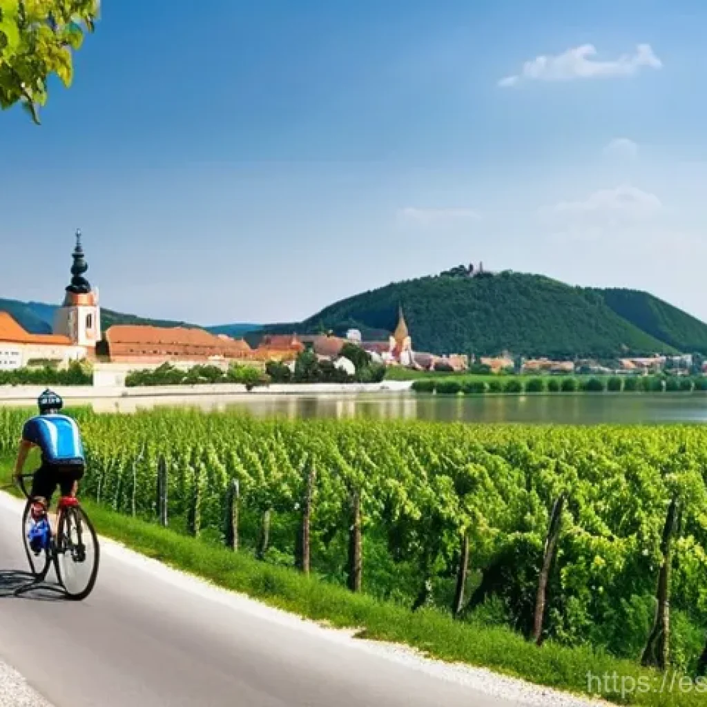 오스트리아에서 자전거 여행 - **Danube River Cycling Serenity**
    "A peaceful scene of a solo cyclist, wearing a helmet and athl...