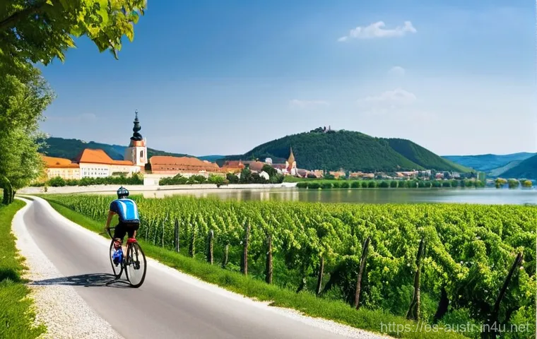 오스트리아에서 자전거 여행 - **Danube River Cycling Serenity**
    "A peaceful scene of a solo cyclist, wearing a helmet and athl...