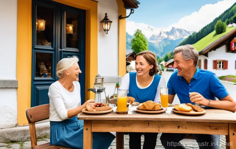 오스트리아에서 자전거 여행 - **Alpine E-Bike Triumph**
    "A dynamic shot of a group of three cyclists, all wearing helmets and ...