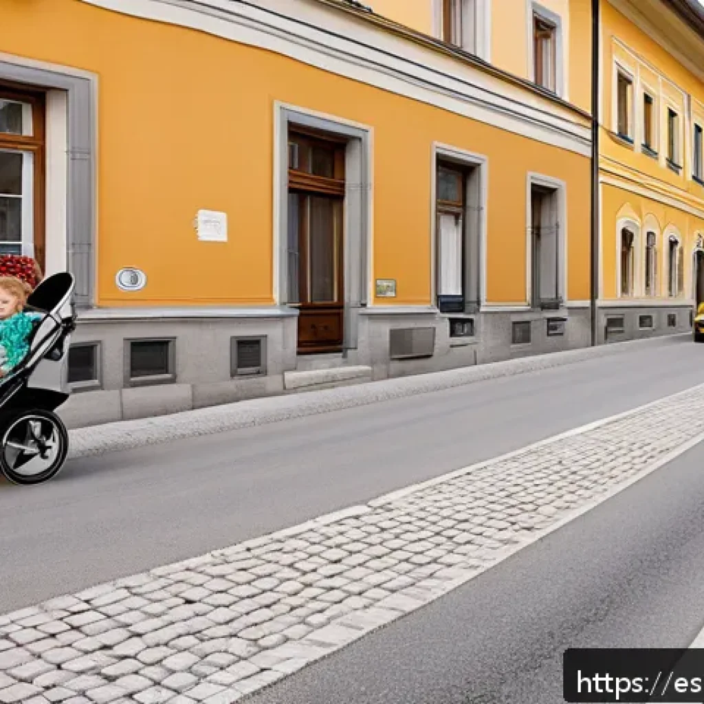 오스트리아에서 운전하는 법 - A detailed street scene in an Austrian urban area during daytime, featuring clear traffic signs indi...