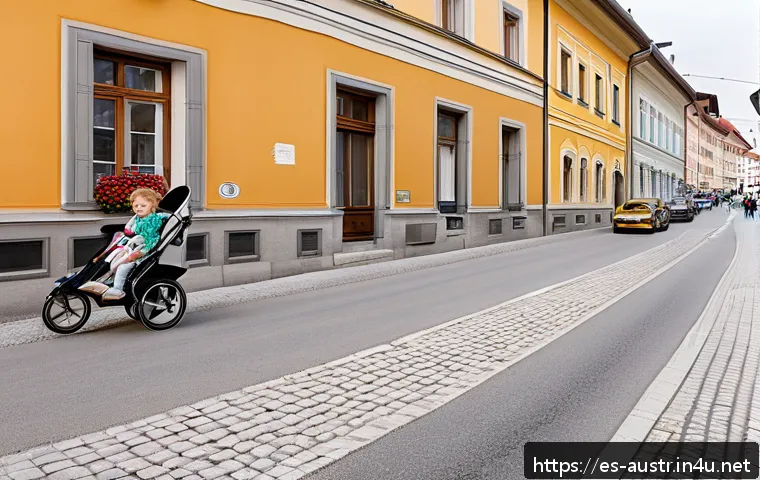 오스트리아에서 운전하는 법 - A detailed street scene in an Austrian urban area during daytime, featuring clear traffic signs indi...