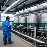 오스트리아의 음식물 쓰레기 처리 방법 - A modern Austrian biogas plant interior showing advanced anaerobic digesters with digital sensors an...