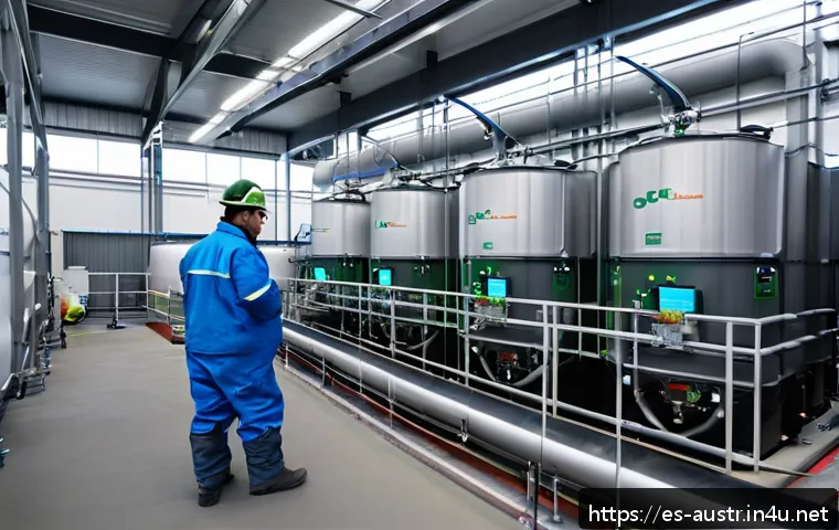 오스트리아의 음식물 쓰레기 처리 방법 - A modern Austrian biogas plant interior showing advanced anaerobic digesters with digital sensors an...