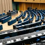 독일과 오스트리아의 정치 체제 차이 - A detailed political scene inside the German Bundestag chamber during a parliamentary session, showi...