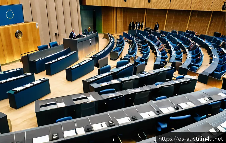 독일과 오스트리아의 정치 체제 차이 - A detailed political scene inside the German Bundestag chamber during a parliamentary session, showi...