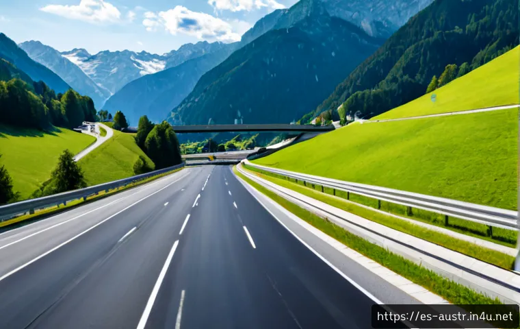Home 17 오스트리아의 도로 시스템 - Photorealistic panoramic view of a pristine Austrian alpine motorway winding through green valleys b...