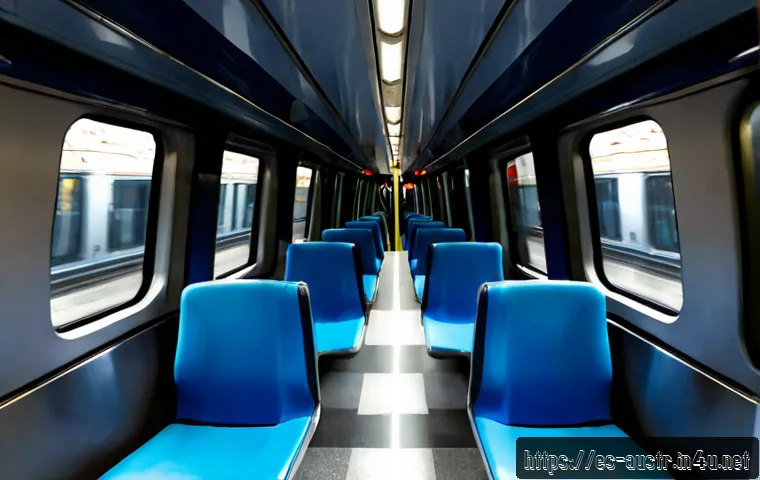 빈 지하철 노선별 특징 - Photorealistic wide-angle view of an almost empty modern Madrid metro train interior, a few spaced p...