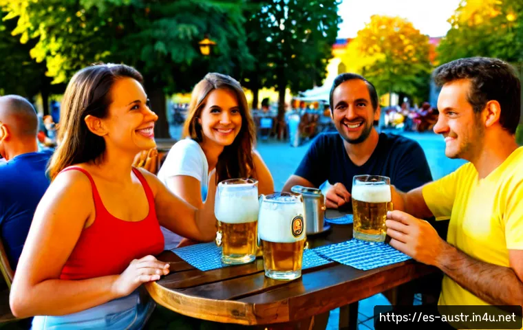 오스트리아에서의 맥주 문화 - Photorealistic Austrian beer culture scene in a traditional Vienna beer garden, a cheerful group of ...
